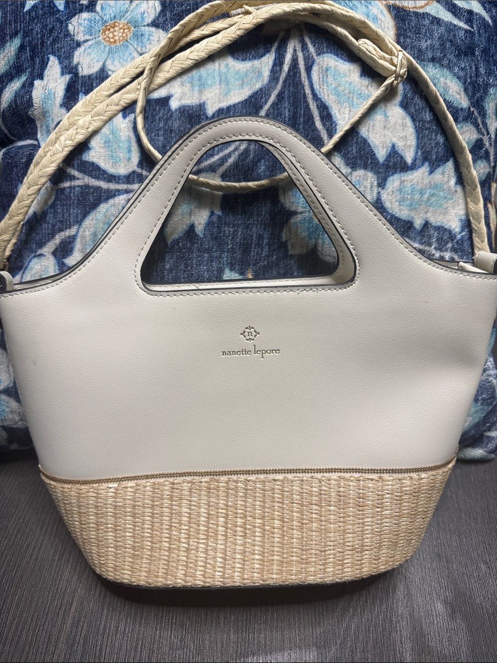 Nanette Lepore Cream Faux Leather & Natural Straw Tote